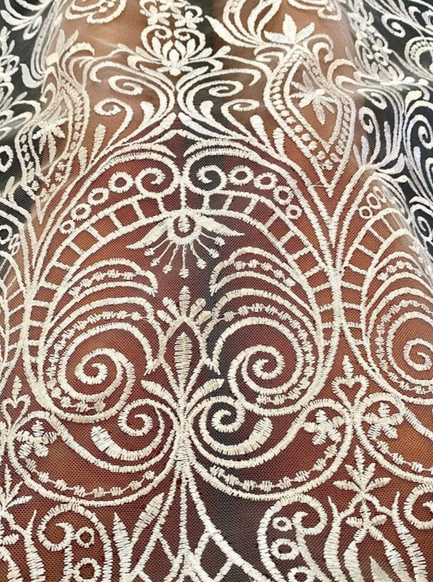 White Embroidered Lace, off white Embroidered Lace for gown, Bridal Lace Fabric, Scalloped lace, Floral Lace double edged, lace fabric on discount, lace fabric on sale, premium lace fabric, buy lace fabric online, glitter lace fabric