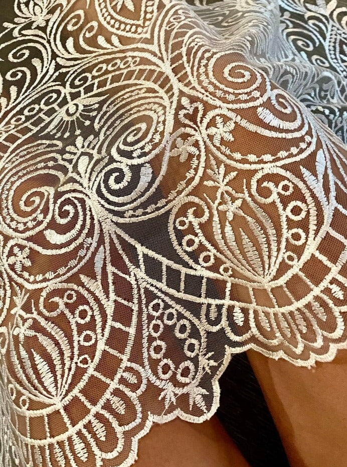 White Embroidered Lace, off white Embroidered Lace for gown, Bridal Lace Fabric, Scalloped lace, Floral Lace double edged, lace fabric on discount, lace fabric on sale, premium lace fabric, buy lace fabric online, glitter lace fabric