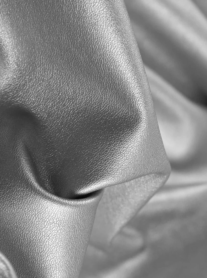 silver stretch Faux Leather, light silver Faux Leather, Faux Leather for jackets, Faux Leather for bags, Faux Leather on discount, Faux Leather on sale, premium Faux Leather, dark silver Faux Leather, grey Faux Leather, Faux Leather for tops, Faux Leather for leggings