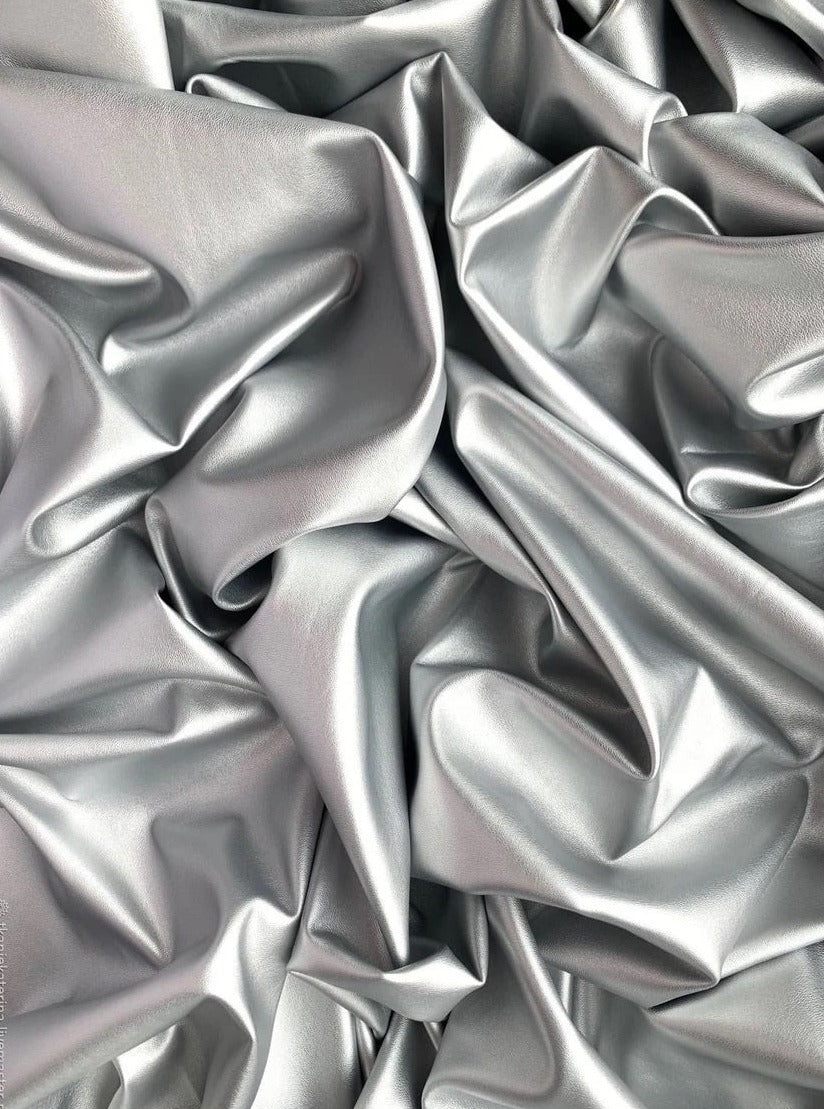 silver stretch Faux Leather, light silver Faux Leather, Faux Leather for jackets, Faux Leather for bags, Faux Leather on discount, Faux Leather on sale, premium Faux Leather, dark silver Faux Leather, grey Faux Leather, Faux Leather for tops, Faux Leather for leggings