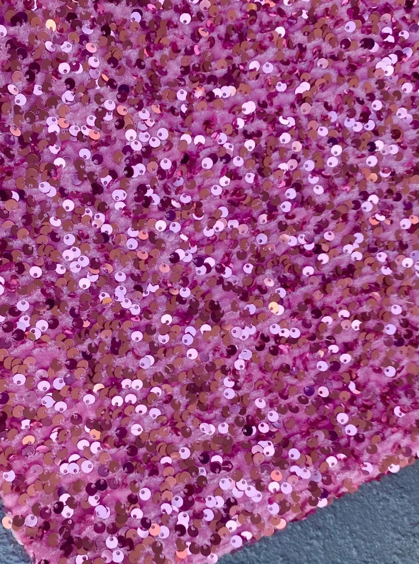  pink Sequin on Velvet, velvet cloth, pink velvet, sequin stretch velvet, velvet for gown, stretch velvet, velvet fabric with sequin, solid velvet, rose pink sequin fabric, sequin fabric for gown, 4 way stretch velvet