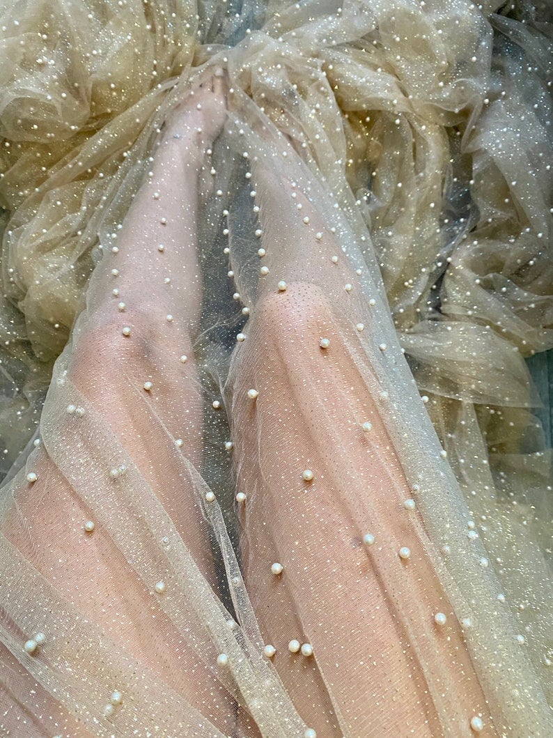 Champagne Tulle Bead Pearl Lace, dusty gold Bridal Tulle Fabric, Wedding Veil Tulle Bead Pearl Lace, Bridal Dress Fabric by yard, Gold Tulle Bead Pearl Lace, Pearl Lace for woman, Pearl Lace for party wear, lace fabric in low price, Pearl Lace on discount, Pearl Lace on sale, premium Pearl Lace fabric