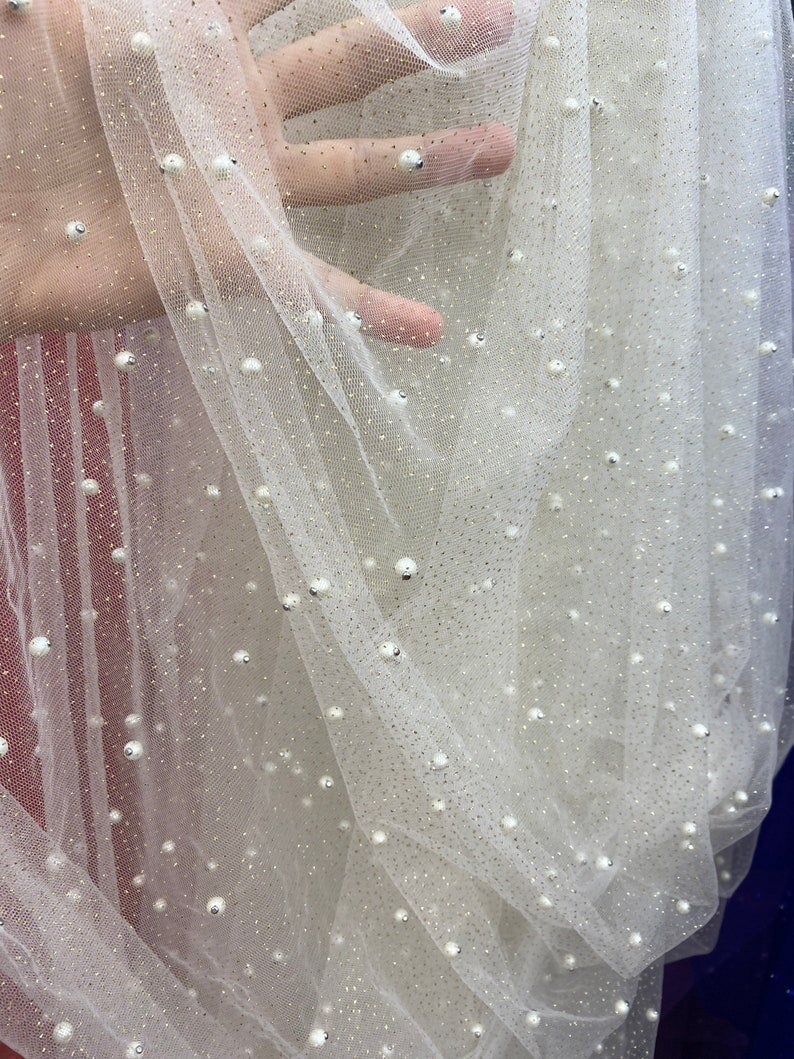 Off White Pearl Mesh Lace Fabric, Ivory Bridal Tulle Fabric, Wedding Veil Pearl Beaded Fabric, Bridal Dress Fabric by yard, white mesh lace fabric, mesh lace for woman, mesh lace for party wear, lace fabric in low price, mesh lace on discount, mesh lace on sale, premium mesh lace fabric