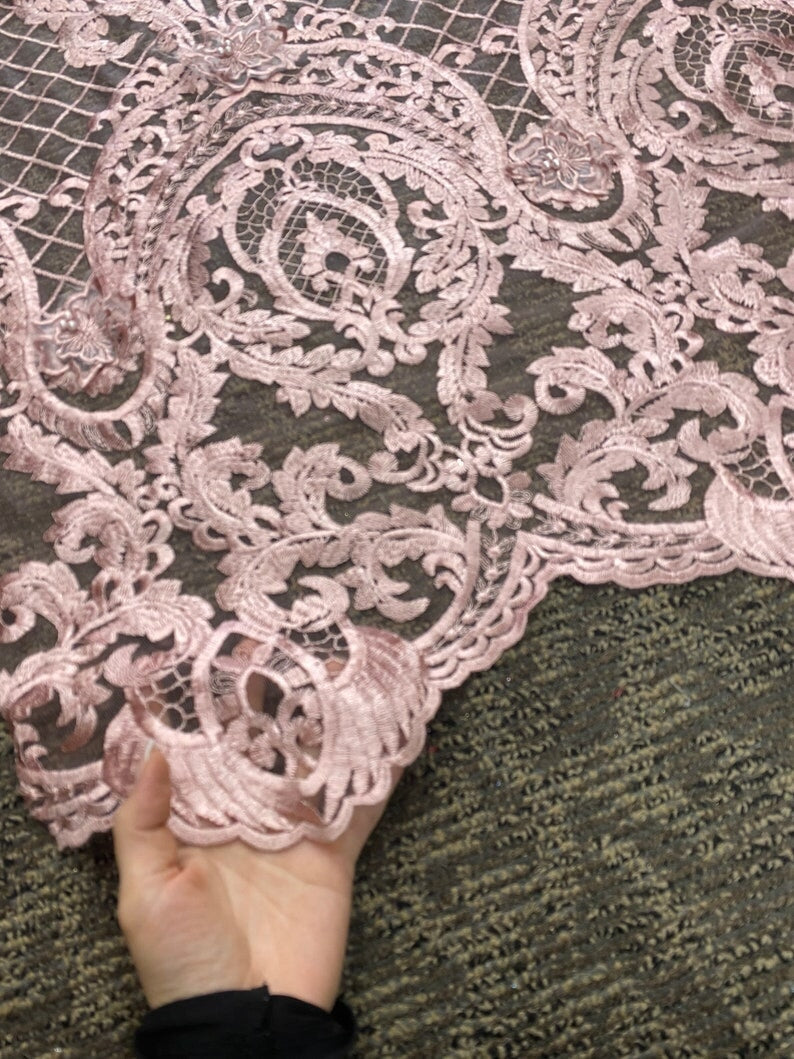 Blush Pink Scallop Embroidery Lace, light pink Scallop Embroidery Lace, dark pink Scallop Embroidery Lace, Scallop Embroidery Lace for woman, Scallop Embroidery Lace for bride, Scallop Embroidery Lace for gown, Scallop Embroidery Lacein low price, premium Scallop Embroidery Lace, cheap Scallop Embroidery Lace