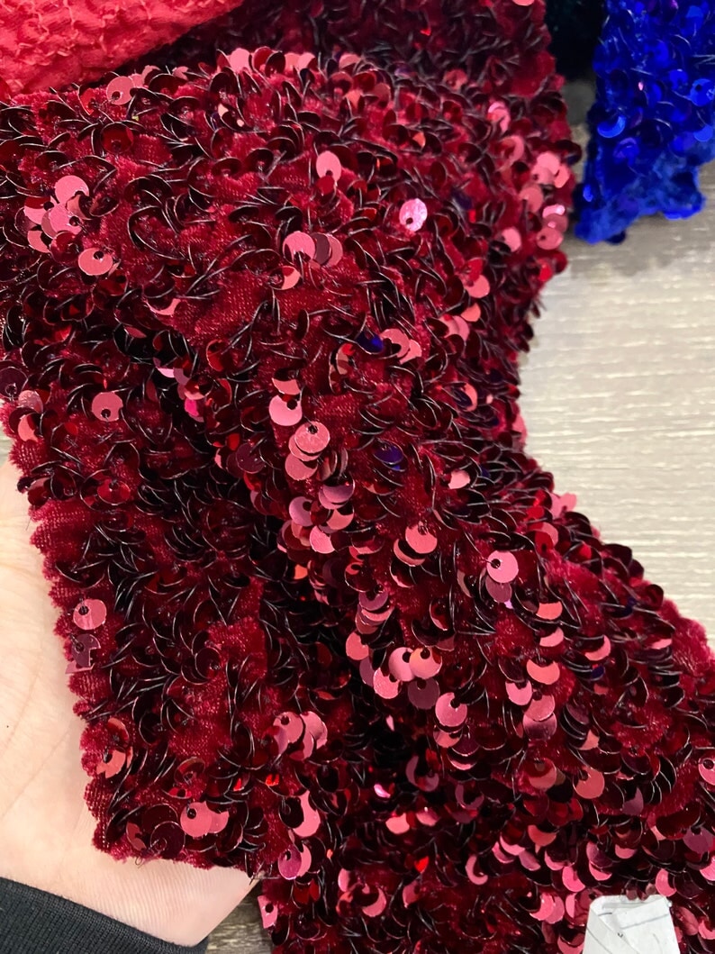 Burgundy sequin on Velvet, velvet cloth, maroon velvet, sequin stretch velvet, velvet for gown, stretch velvet, velvet fabric with sequin, solid velvet, dark red sequin fabric, sequin fabric for gown, 4 way stretch velvet