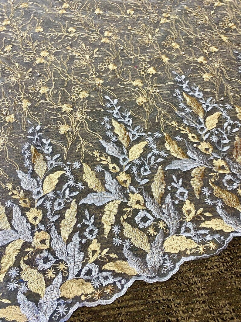 Gold/Silver Embroidered Lace, multicolor Embroidered Lace for gown, Bridal Lace Fabric, Scalloped lace, Floral Lace double edged, lace fabric on discount, lace fabric on sale, premium lace fabric, buy lace fabric online, glitter lace fabric