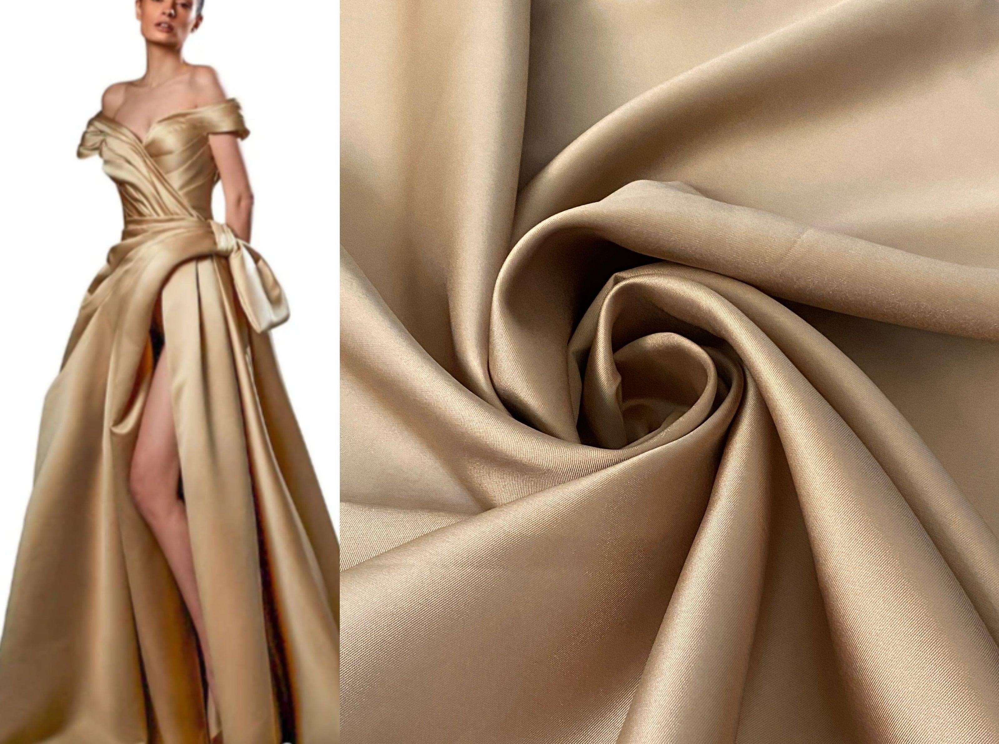 model styling in gold mikado gown in front  of white background  